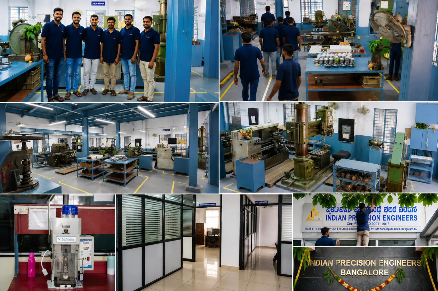 Indian Precision Engineers manufacturing facility in Bengaluru — shop floor, machine shop, engineering team and office